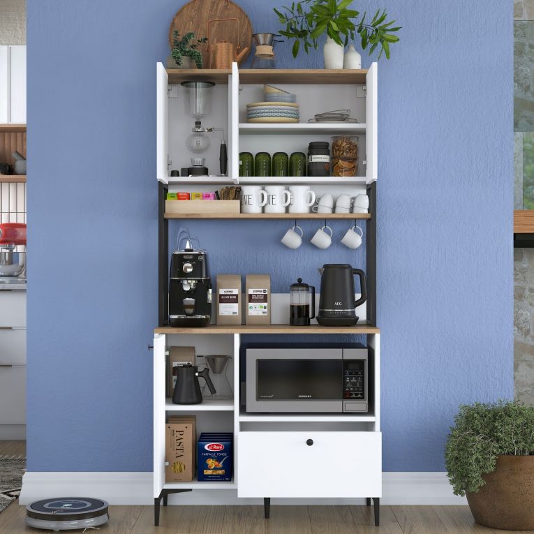 Credenza Bianco Marrone Rovere un Cassetto 2 Ripiani 90x38x184h cm, Apertura Battente, Scorrevole - Rapone