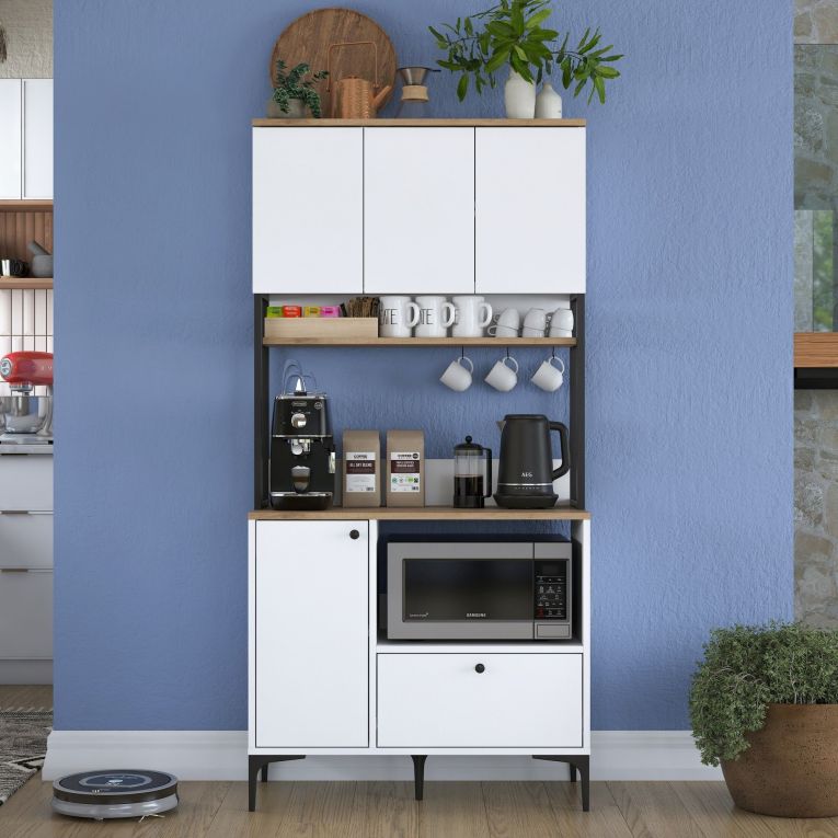 Credenza Bianco Marrone Rovere un Cassetto 2 Ripiani 90x38x184h cm, Apertura Battente, Scorrevole - Rapone