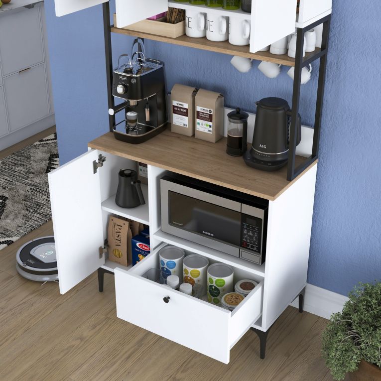 Credenza Bianco Marrone Rovere un Cassetto 2 Ripiani 90x38x184h cm, Apertura Battente, Scorrevole - Rapone