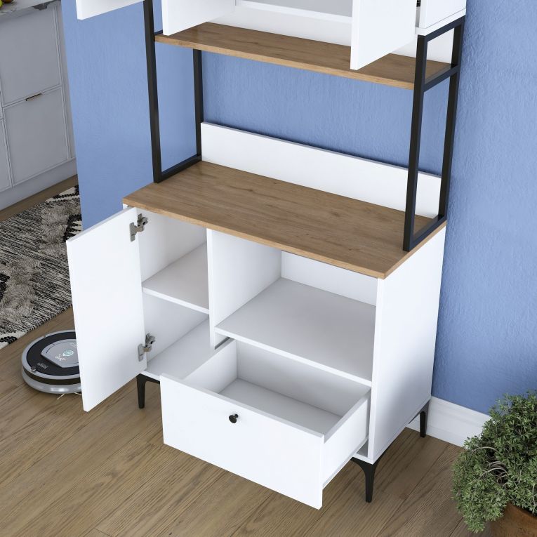 Credenza Bianco Marrone Rovere un Cassetto 2 Ripiani 90x38x184h cm, Apertura Battente, Scorrevole - Rapone