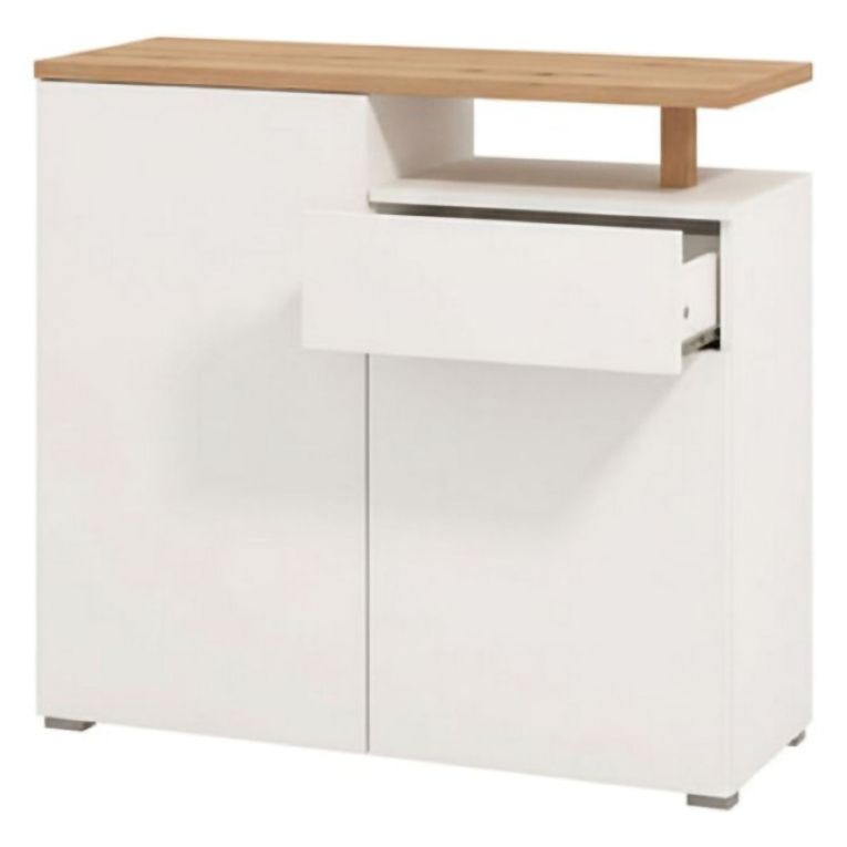Credenza Bianco Marrone Rovere un Cassetto 4 Ripiani 102.5x40x94h cm, Apertura Battente e Scorrevole - Levate