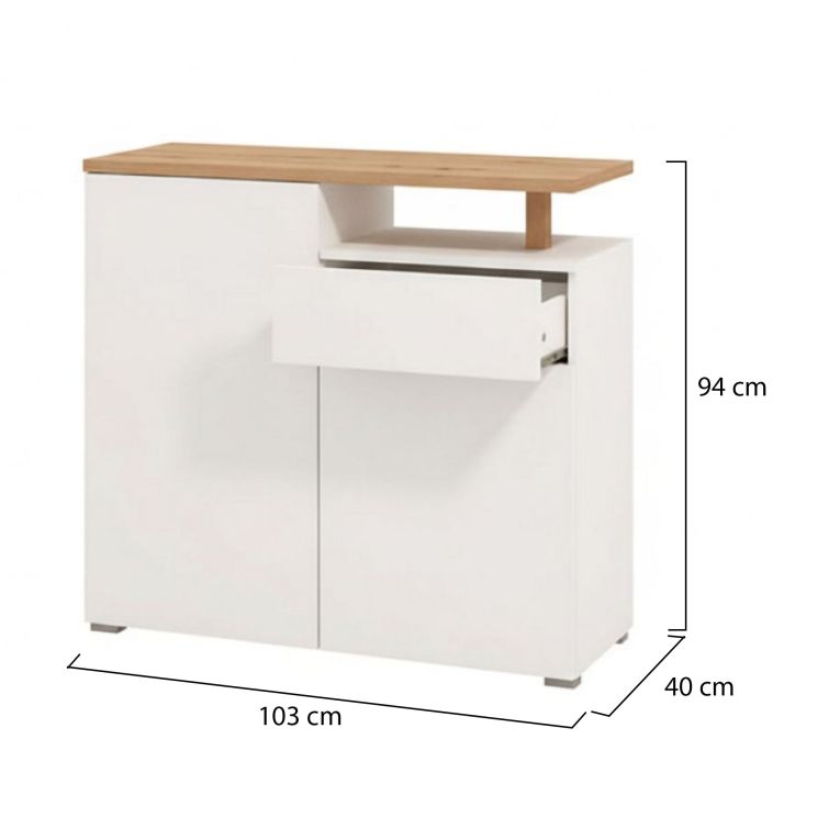 Credenza Bianco Marrone Rovere un Cassetto 4 Ripiani 102.5x40x94h cm, Apertura Battente e Scorrevole - Levate