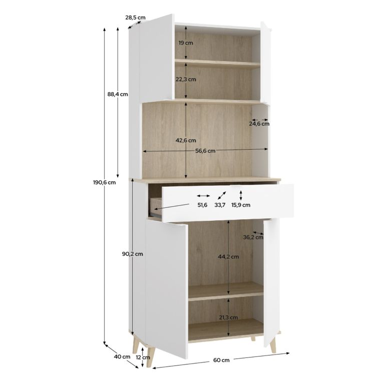 Credenza Bianco Marrone Rovere un Cassetto 4 Ripiani 40x60x191h cm, Apertura Battente, Scorrevole - Findlay