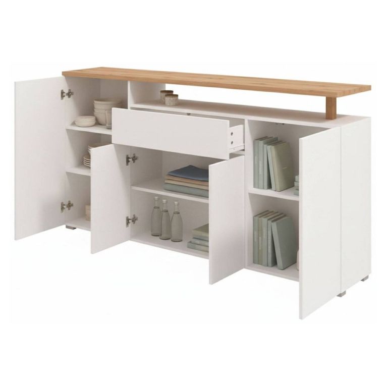 Credenza Bianco Marrone Rovere un Cassetto 5 Ripiani 179.5x40x94h cm, Apertura Battente e Scorrevole - Levate