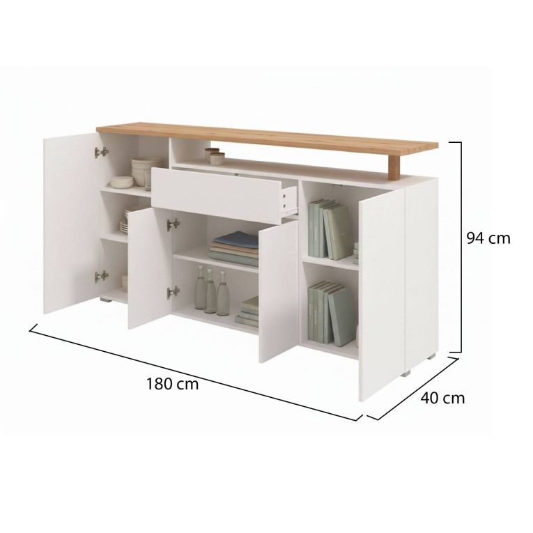 Credenza Bianco Marrone Rovere un Cassetto 5 Ripiani 179.5x40x94h cm, Apertura Battente e Scorrevole - Levate