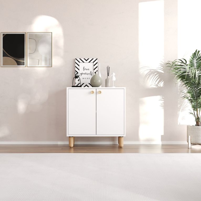 Credenza Bianco Marrone Rovere un Ripiano 2 Ante 72x36x73h cm, 2 Vani - Pontida
