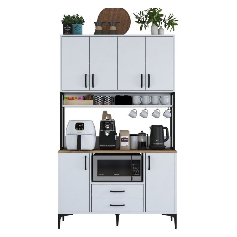Credenza Bianco Nero 2 Cassetti 5 Ripiani 120x38x199h cm, Apertura Battente, Scorrevole - Mairago