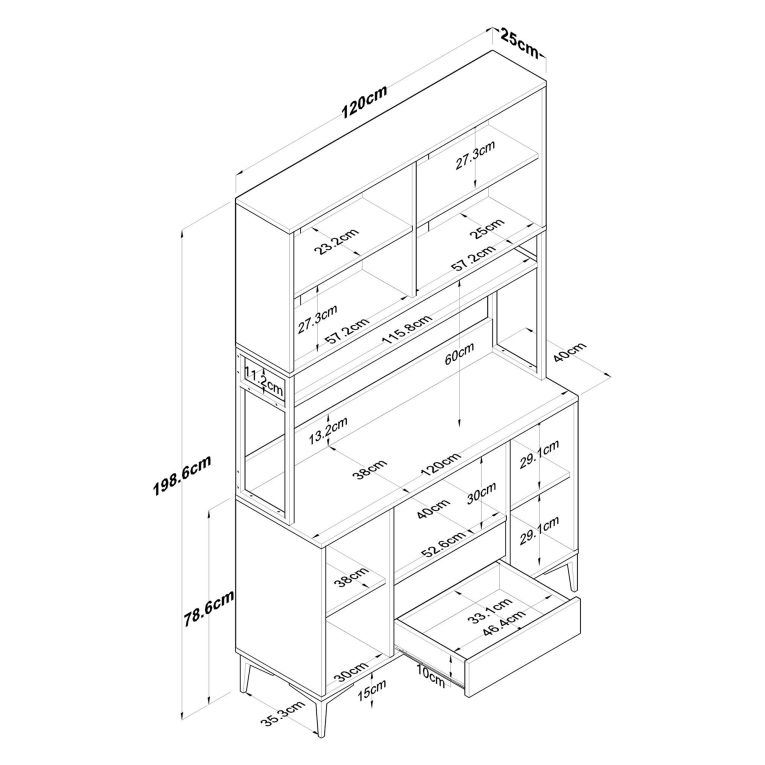Credenza Bianco Nero 2 Cassetti 5 Ripiani 120x38x199h cm, Apertura Battente, Scorrevole - Mairago