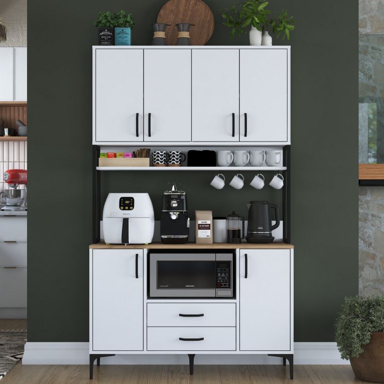Credenza Bianco Nero 2 Cassetti 5 Ripiani 120x38x199h cm, Apertura Battente, Scorrevole - Mairago