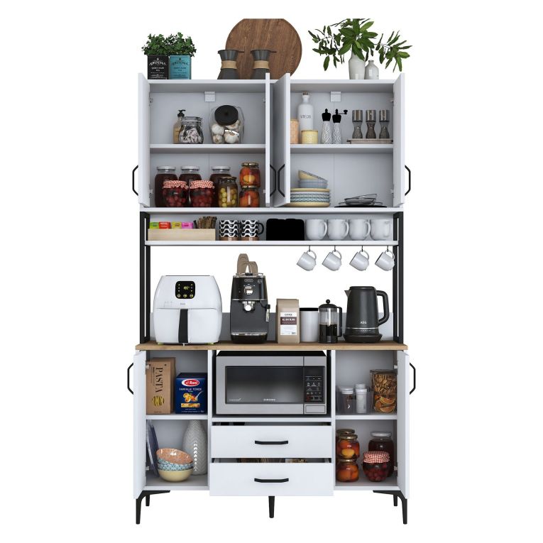 Credenza Bianco Nero 2 Cassetti 5 Ripiani 120x38x199h cm, Apertura Battente, Scorrevole - Mairago