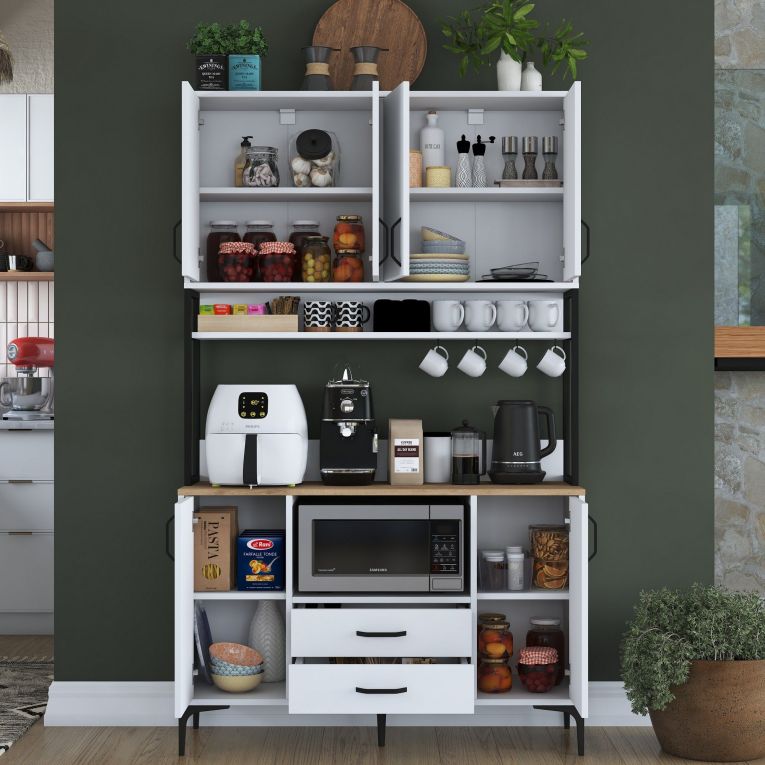 Credenza Bianco Nero 2 Cassetti 5 Ripiani 120x38x199h cm, Apertura Battente, Scorrevole - Mairago