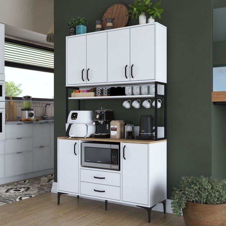 Credenza Bianco Nero 2 Cassetti 5 Ripiani 120x38x199h cm, Apertura Battente, Scorrevole - Mairago
