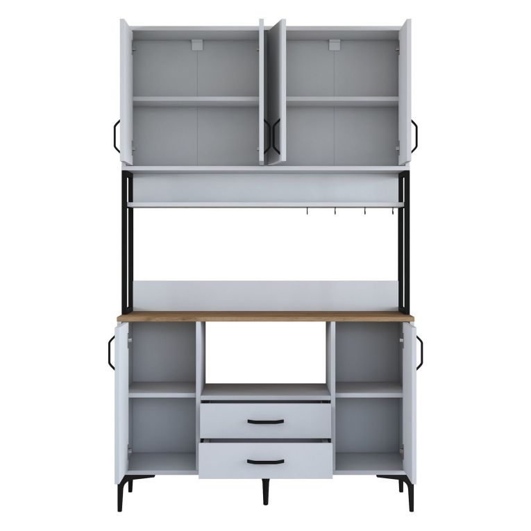 Credenza Bianco Nero 2 Cassetti 5 Ripiani 120x38x199h cm, Apertura Battente, Scorrevole - Mairago
