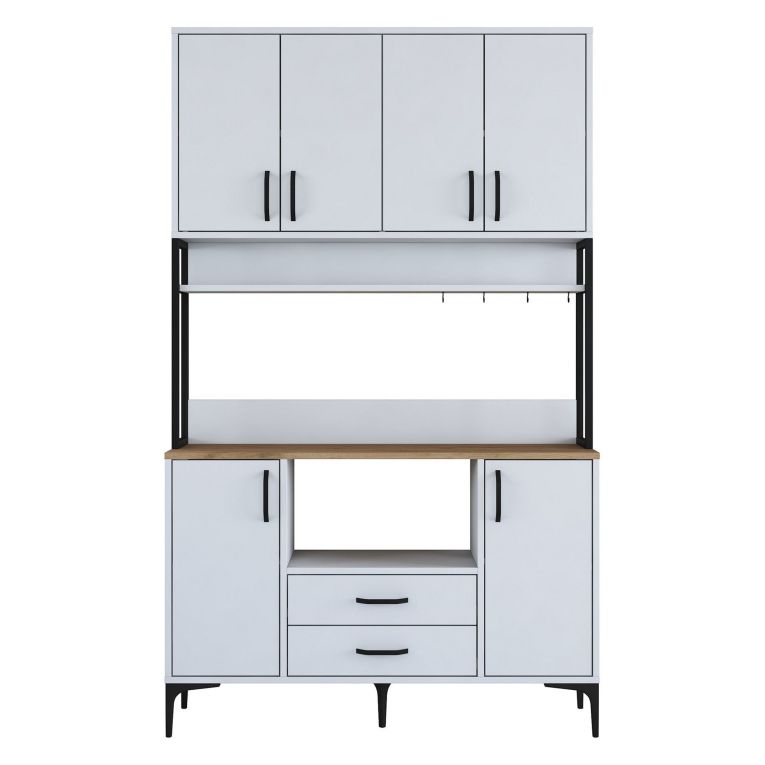 Credenza Bianco Nero 2 Cassetti 5 Ripiani 120x38x199h cm, Apertura Battente, Scorrevole - Mairago