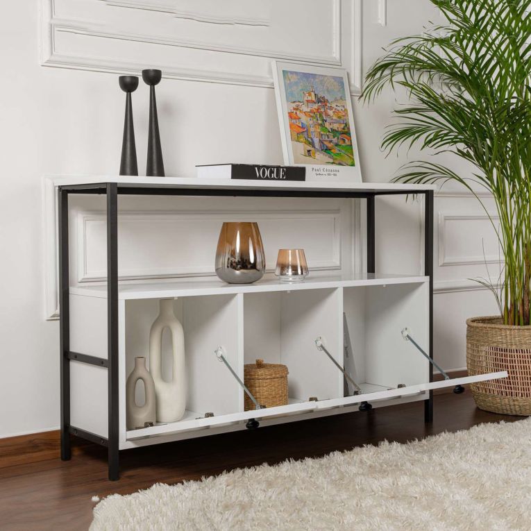 Credenza Bianco Nero 2 Ripiani 3 Ante 120x30x77h cm, 3 Vani - Noda