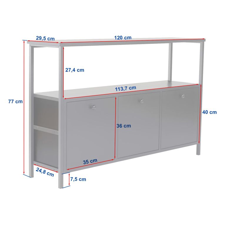 Credenza Bianco Nero 2 Ripiani 3 Ante 120x30x77h cm, 3 Vani - Noda