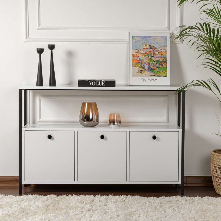 Credenza Bianco Nero 2 Ripiani 3 Ante 120x30x77h cm, 3 Vani - Noda