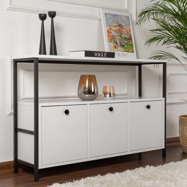 Credenza Bianco Nero 2 Ripiani 3 Ante 120x30x77h cm, 3 Vani - Noda