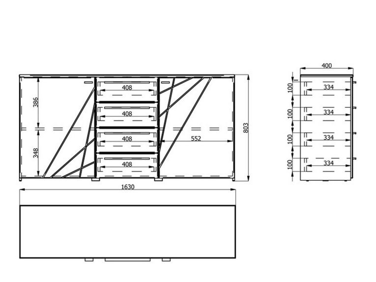 Credenza Bianco Nero 2 Ripiani 4 Cassetti 163x40x80.5h cm, 2 Ante - Maropati