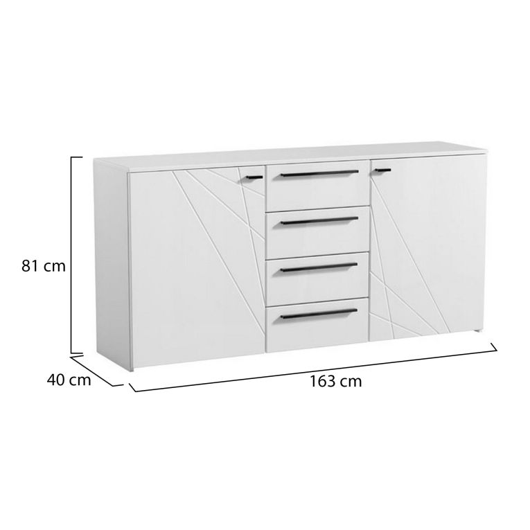Credenza Bianco Nero 2 Ripiani 4 Cassetti 163x40x80.5h cm, 2 Ante - Maropati