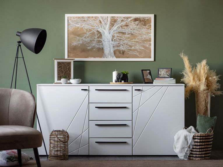 Credenza Bianco Nero 2 Ripiani 4 Cassetti 163x40x80.5h cm, 2 Ante - Maropati