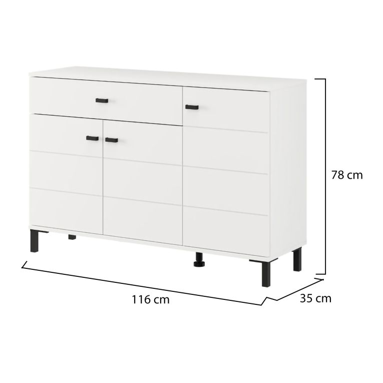 Credenza Bianco Nero 2 Ripiani un Cassetto 116x35x78h cm, 3 Ante - Djanet