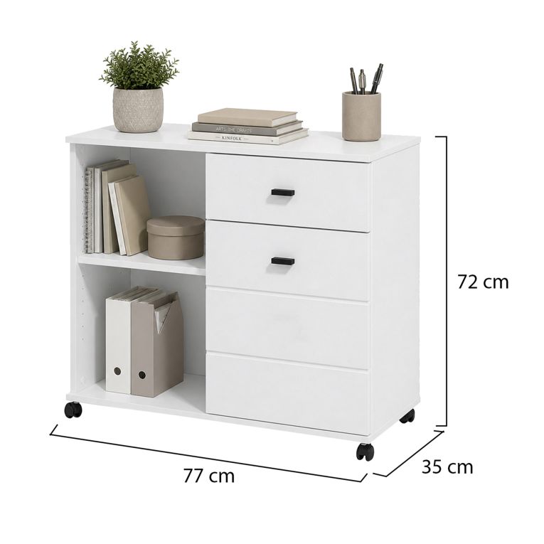 Credenza Bianco Nero 2 Ripiani un Cassetto 77x35x72h cm, Un'anta - Majuli