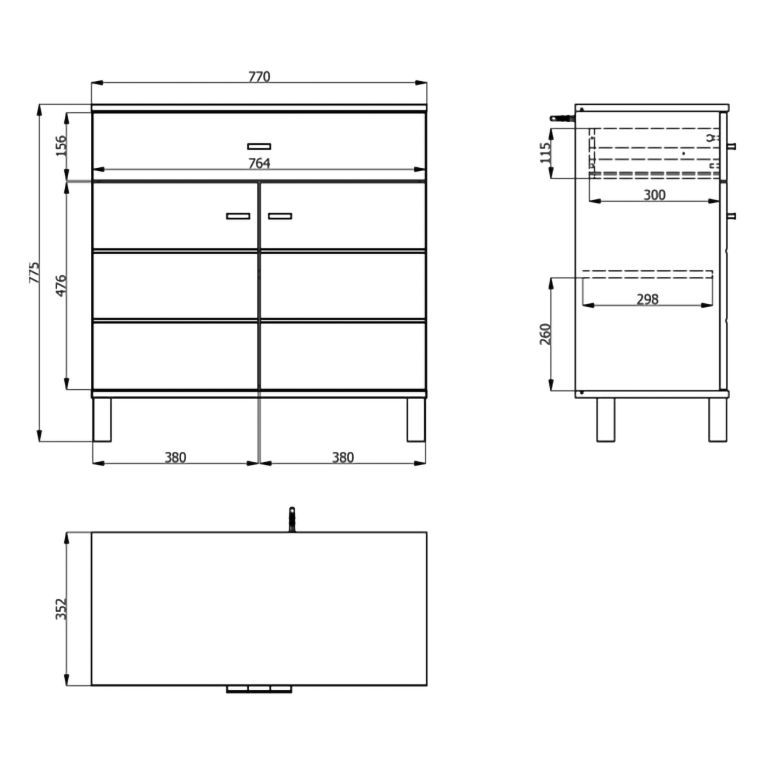 Credenza Bianco Nero 2 Ripiani un Cassetto 77x35x78h cm, 2 Ante - Pisac