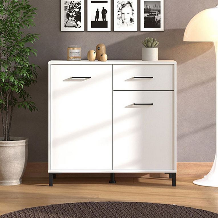 Credenza Bianco Nero 2 Ripiani un Cassetto 93x40x90h cm, 2 Ante - Laerruu