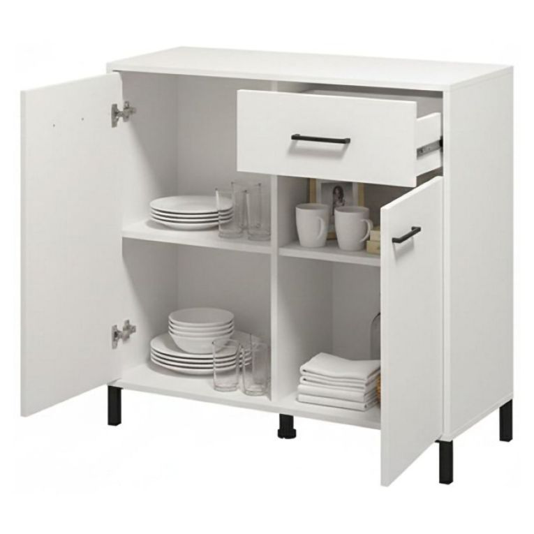 Credenza Bianco Nero 2 Ripiani un Cassetto 93x40x90h cm, 2 Ante - Laerruu