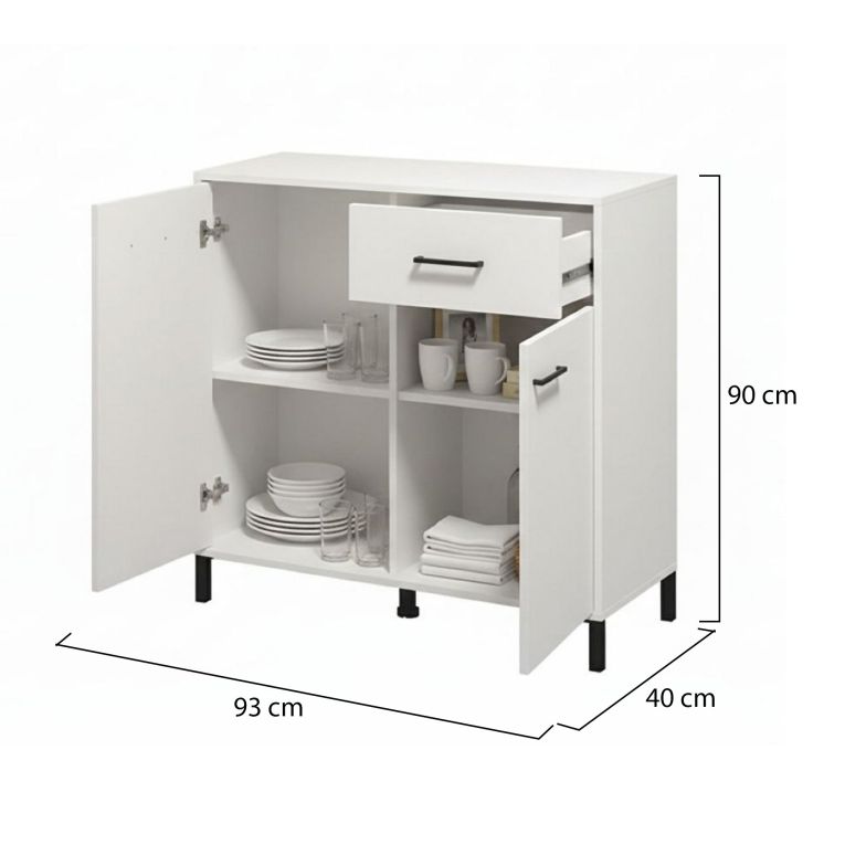 Credenza Bianco Nero 2 Ripiani un Cassetto 93x40x90h cm, 2 Ante - Laerruu