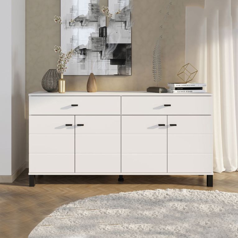 Credenza Bianco Nero 3 Ripiani 2 Cassetti 154x35x78h cm, 4 Ante - Barich