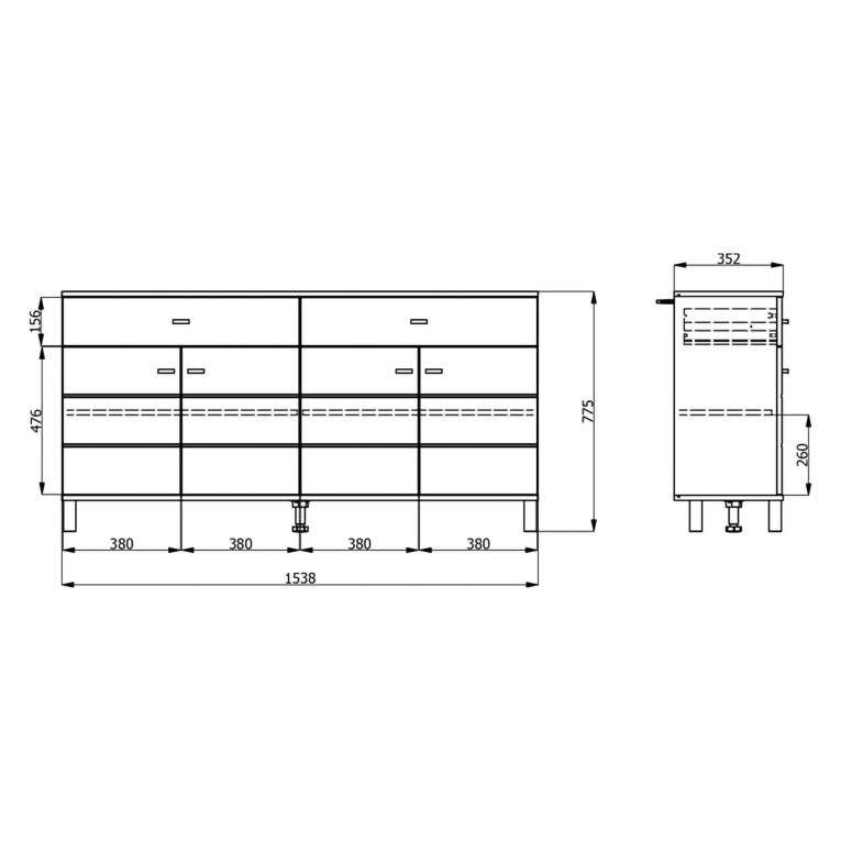Credenza Bianco Nero 3 Ripiani 2 Cassetti 154x35x78h cm, 4 Ante - Barich