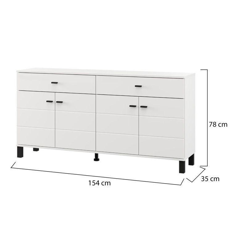 Credenza Bianco Nero 3 Ripiani 2 Cassetti 154x35x78h cm, 4 Ante - Barich
