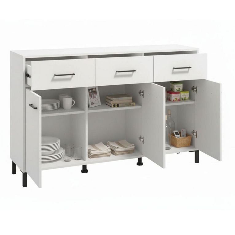 Credenza Bianco Nero 3 Ripiani 3 Cassetti 138x40x90h cm, 3 Ante - Laerru