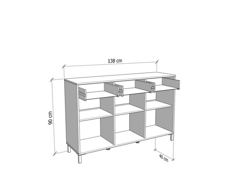 Credenza Bianco Nero 3 Ripiani 3 Cassetti 138x40x90h cm, 3 Ante - Laerru