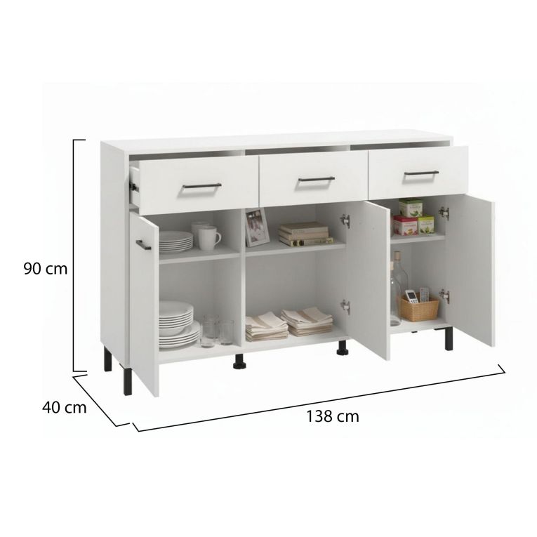 Credenza Bianco Nero 3 Ripiani 3 Cassetti 138x40x90h cm, 3 Ante - Laerru