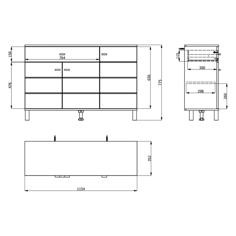 Credenza Bianco Nero 3 Ripiani un Cassetto 116x35x78h cm, 3 Ante - Uyuni