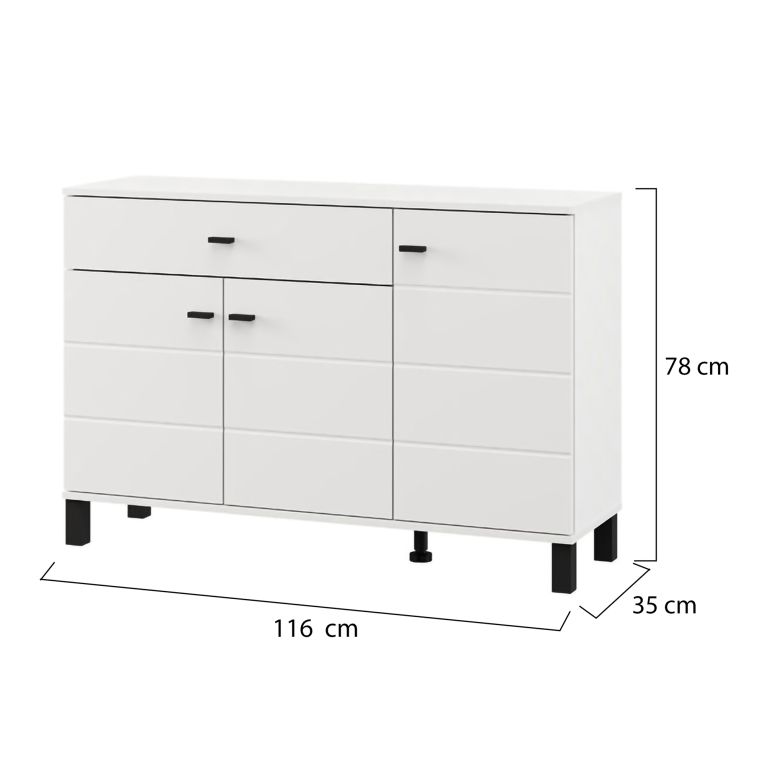 Credenza Bianco Nero 3 Ripiani un Cassetto 116x35x78h cm, 3 Ante - Uyuni
