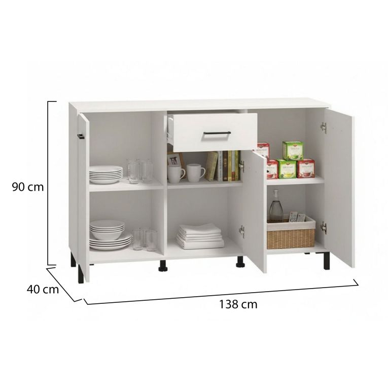 Credenza Bianco Nero 3 Ripiani un Cassetto 138x40x90h cm, 3 Ante - Laerru