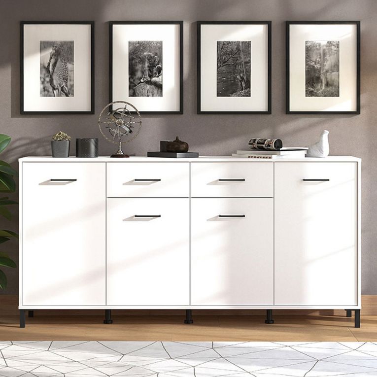 Credenza Bianco Nero 4 Ripiani 2 Cassetti 182.5x40x90h cm, 4 Ante - Grondona