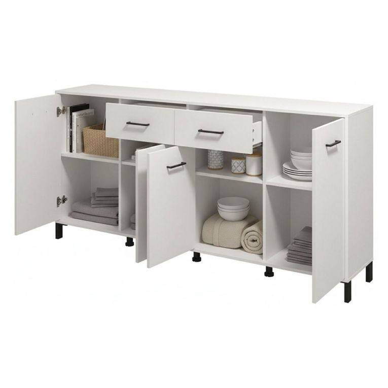 Credenza Bianco Nero 4 Ripiani 2 Cassetti 182.5x40x90h cm, 4 Ante - Grondona