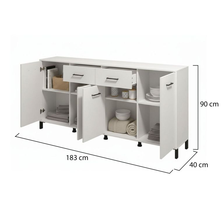 Credenza Bianco Nero 4 Ripiani 2 Cassetti 182.5x40x90h cm, 4 Ante - Grondona