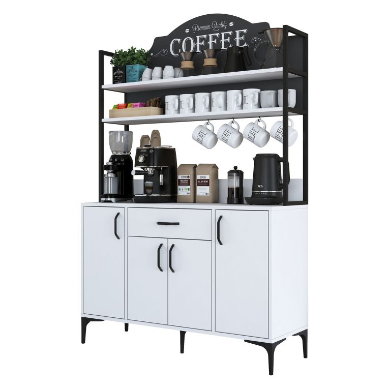 Credenza Bianco Nero 4 Ripiani un Cassetto 120x40x184h cm, 4 Ante - Camino