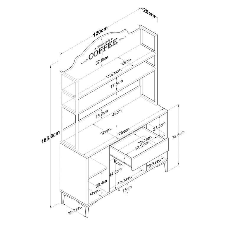 Credenza Bianco Nero 4 Ripiani un Cassetto 120x40x184h cm, 4 Ante - Camino
