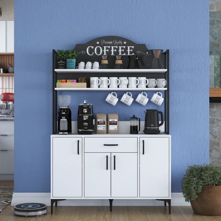 Credenza Bianco Nero 4 Ripiani un Cassetto 120x40x184h cm, 4 Ante - Camino