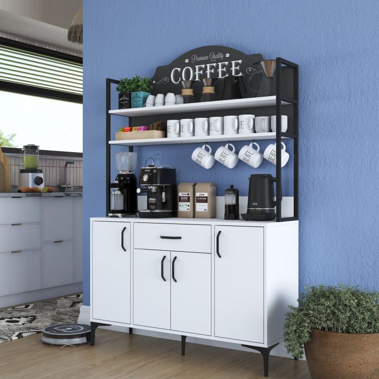 Credenza Bianco Nero 4 Ripiani un Cassetto 120x40x184h cm, 4 Ante - Camino