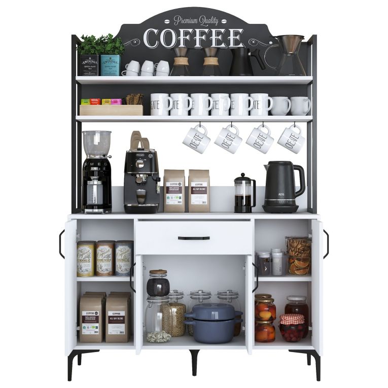 Credenza Bianco Nero 4 Ripiani un Cassetto 120x40x184h cm, 4 Ante - Camino