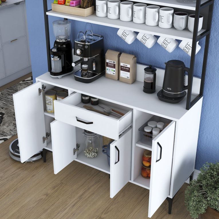 Credenza Bianco Nero 4 Ripiani un Cassetto 120x40x184h cm, 4 Ante - Camino