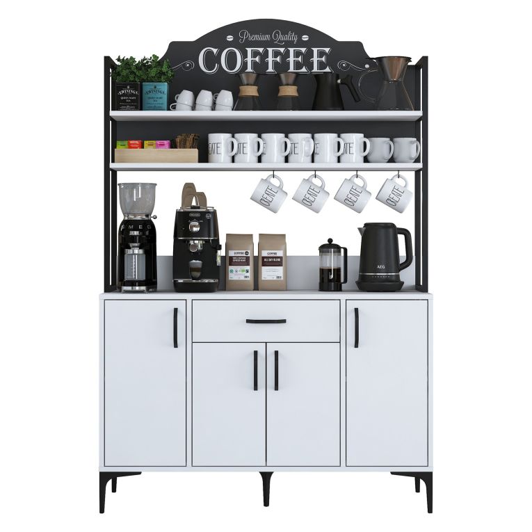 Credenza Bianco Nero 4 Ripiani un Cassetto 120x40x184h cm, 4 Ante - Camino